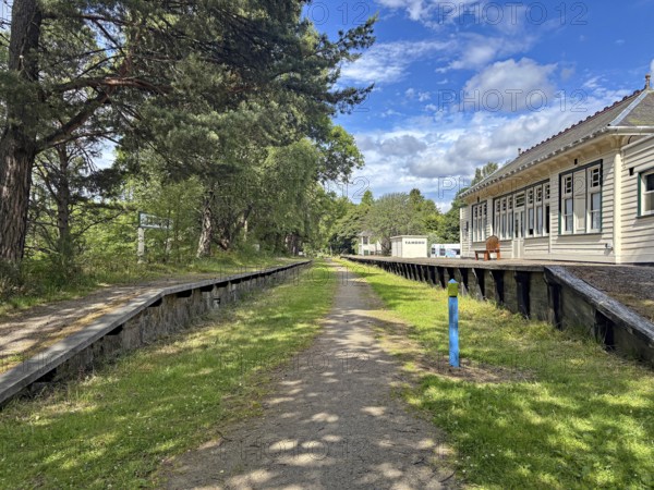 Abandoned station area with wooden buildings and tracks next to a wooded path under blue sky,