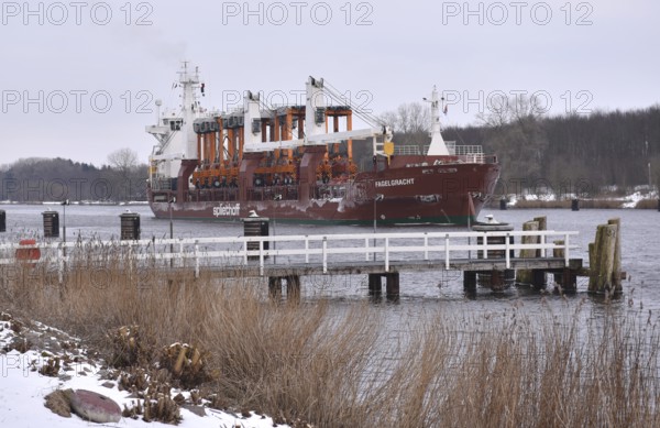 Freighter, cargo ship FAGELGRACHT with portal lift truck in the Kiel Canal, NOK, Kiel Canal, Kiel