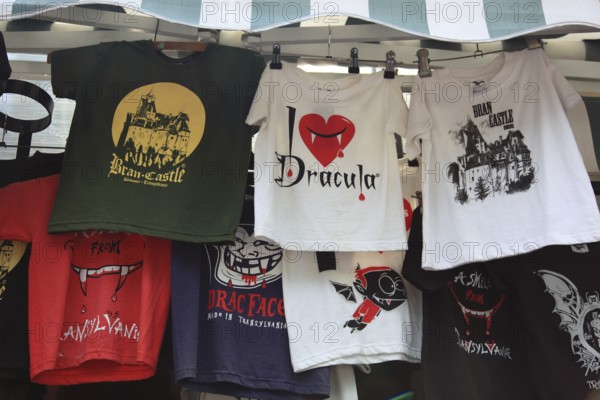 Souvenir sale at Bran Castle, marketing of Dracula, printed here on shirts, Törzburg, in