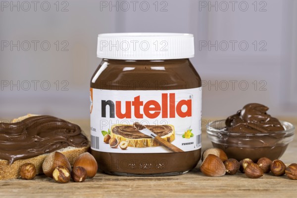 Nutella nut nougat cream 450g jar on bread with logo in Stuttgart, Germany