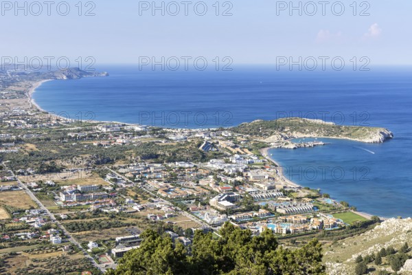 View of the holiday resort of Kolymbia with beach from above Mediterranean seaside island of