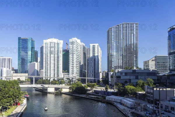 Miami skyline in downtown and Brickell with high-rise real estate on Miami River Florida in Miami,