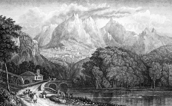Mountain landscape with the village of Sintra near Lisbon, Portugal, natural landscape, lake,