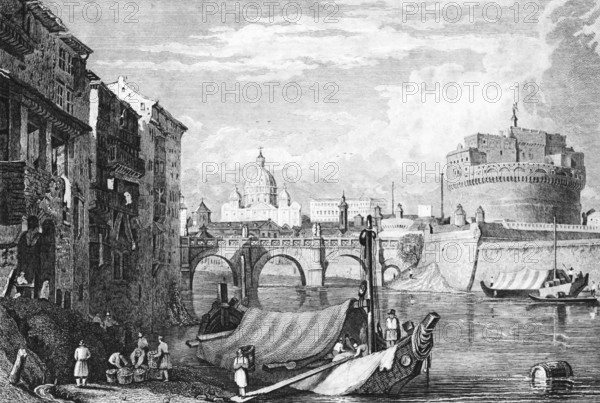 Sant'Angelo Bridge and Castel de Angelo Castel de Angelo with St. Peter's Church, Tiber with boats,