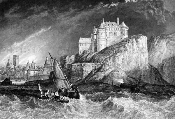 Town of Dieppe with castle on the English Channel, Normandy, France, storm, high swell, rowing