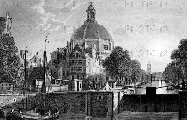 View from Cingel or Singel in Amsterdam, Netherlands, medieval city moat, canals, lock, lock