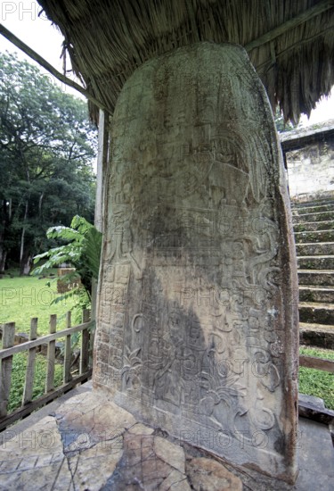 Hieroglyphic Stele in the Seibal or El Ceibal Archaeological Site, Mayan Ruined City in the