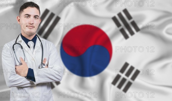 Portrait of medical professional on South Korea flag background. South Korean national health