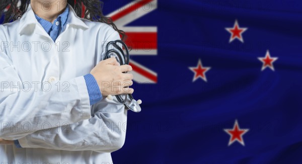 Healthcare professional with New Zealand flag background. Professional doctor holding stethoscope
