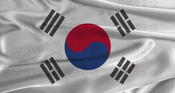 Flag of South Korea with fabric textured background. Close up of National flag of South Korea with