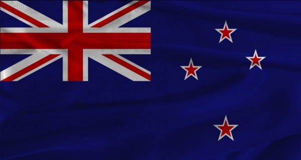 Flag of New Zealand with fabric textured background. Close up of National flag of New Zealand with