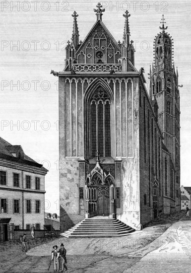 Mariakirche in Vienna, Austria, Gothic, staircase, east side, entrance, towers, city, people,