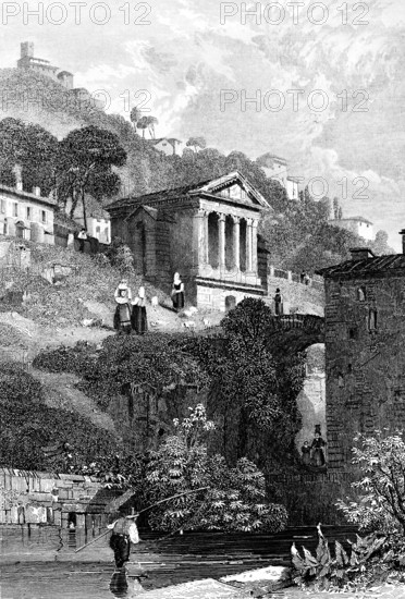 Tempietto sul Clitunno, Clitunnus temple, near Spoleto on the Marroggia River, Umbria, Italy, steep