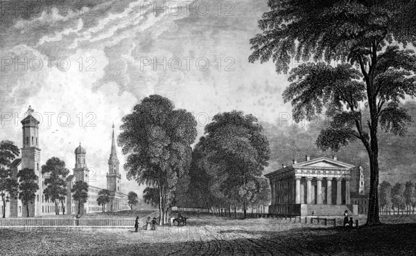 Yale College from 1701, now Yale University, and and State House, New Haven Connecticut, USA,
