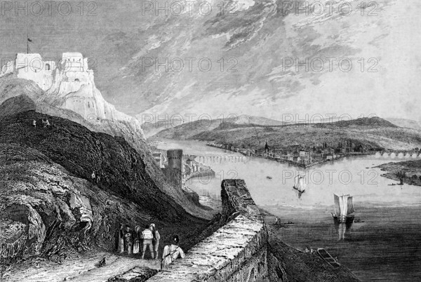 Koblenz with Rhine and Moselle estuary, seen from Ehrenbreitstein Fortress, Rhineland-Palatinate,