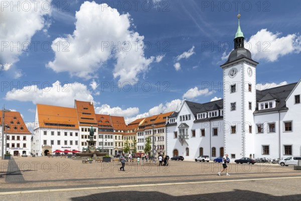 Obermarkt with council pharmacy, town hall and fountain monument with city founder Otto the Reiche,