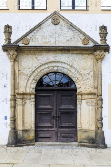Renaissance portal with motifs from Freiberg mining at Lisskirchner-Haus, Obermarkt 17, Freiberg,