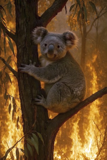 A koala in Australia sits on a burning eucalyptus tree, symbol of marsupial, fire, bushfire, fire,