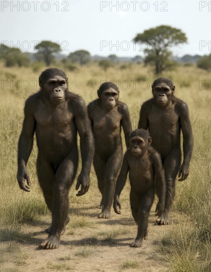 A group of Australopithecus runs through a savanna, symbol extinct, fossil, prehuman, Africa,