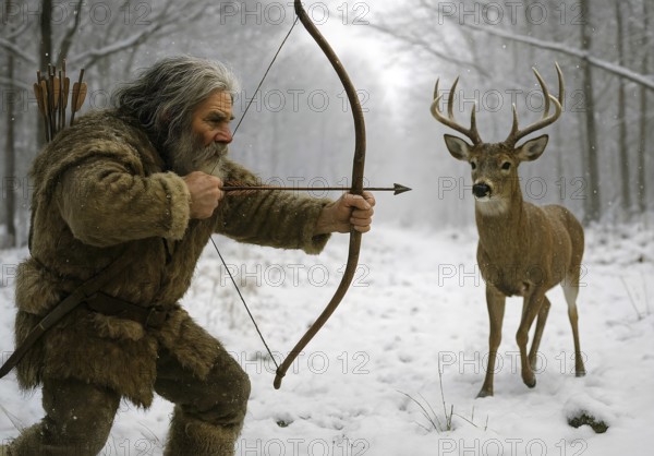 Ice Age hunter hunts a deer with bow and arrow, symbol image Ice Age, prehistoric period,