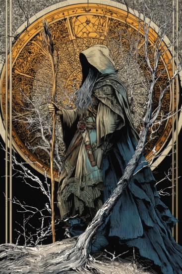 Modern representation of tarot card The Hermit symbolizing enlightenment, soul searching,