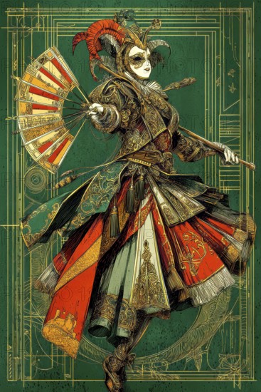 Modern representation of tarot card The Harlequin symbolizing duality, transformation, wit,