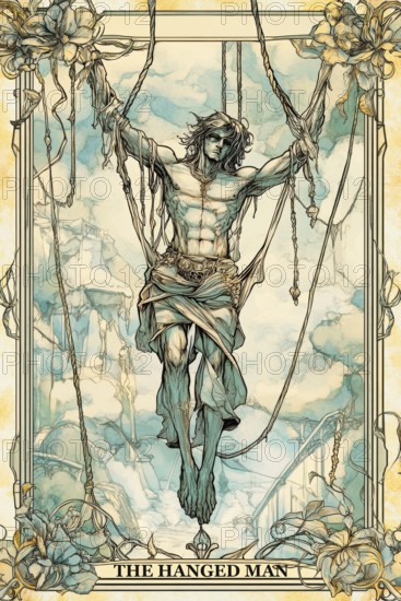 Modern representation of tarot card The Hanged Man symbolizing uncertainty, lack of direction,
