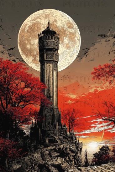Modern representation of tarot card The Tower symbolizing chaos, destruction, disaster, tragedy,