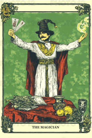 Classical representation of tarot card The Magician symbolizing power, influence, skill, ability,