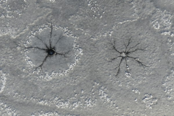 Steam holes, steam hole, lake, frozen, ice, hoarfrost, cold, winter, sunny, aerial view, foothills