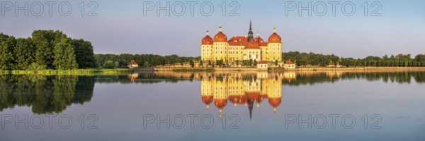Panorama, Moritzburg Castle, Augusts the Strong hunting lodge in morning light, water reflection in