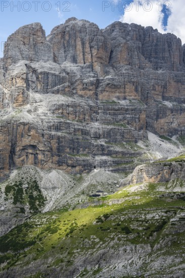 Cliffs and Rifugio Maria e Alberto ai Brentei, Brenta Mountains, Brenta-Adamello Natural Park,