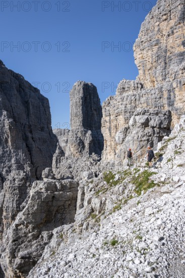 Mountaineers on the Bocchette Centrale band trail, via ferrata in the Brenta Mountains,