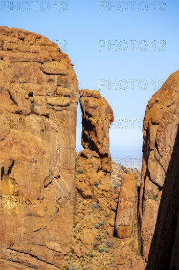 Distinctive rock formation with blue sky and barren desert landscape in Spitzkoppe, Spitzkoppe,