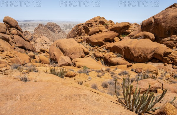 Sublime rock formations in the vast desert landscape of Spitzkoppe with isolated vegetation,