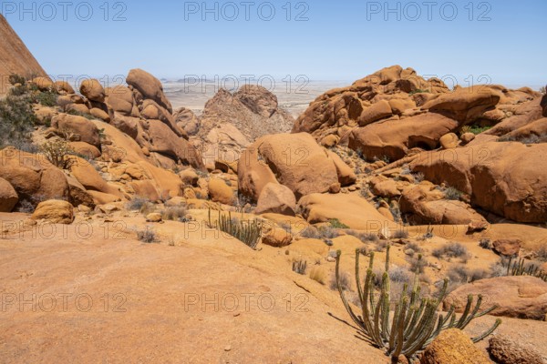 Rocky desert landscape with scattered vegetation in Spitzkoppe under a blue sky, Spitzkoppe,