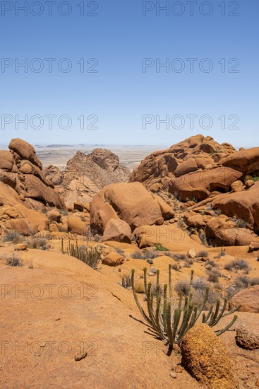 Rocky landscape under bright blue sky in Spitzkoppe, with some vegetation, Spitzkoppe, Erongo,