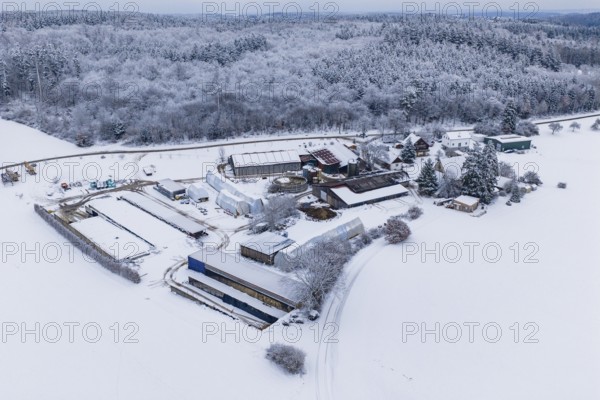 Snow-covered farm in an open winter landscape, surrounded by forests, Haselstaller Hof, Gechingen,