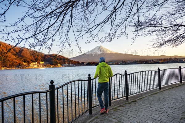 Tourist on Kawaguchi Lake waterfront, view of Mount Fuji volcano at sunset, Yamanashi Prefecture,