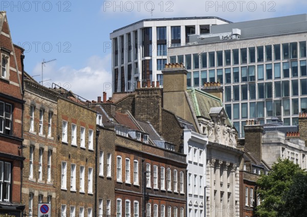 Street scene in London with contrasting modern and classical architecture, City of Westminster,
