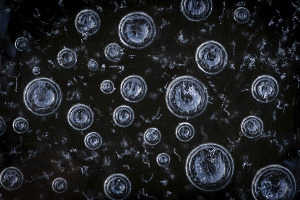Abstract circular structures formed by air bubbles in the ice against a dark background,
