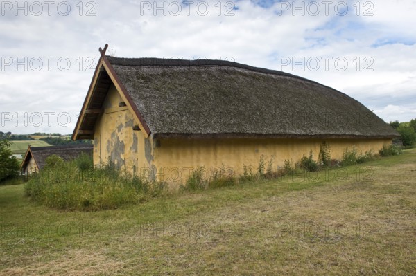 Longhouse, reconstructed courtyard with nine houses built by a large farmer from the Viking Age,