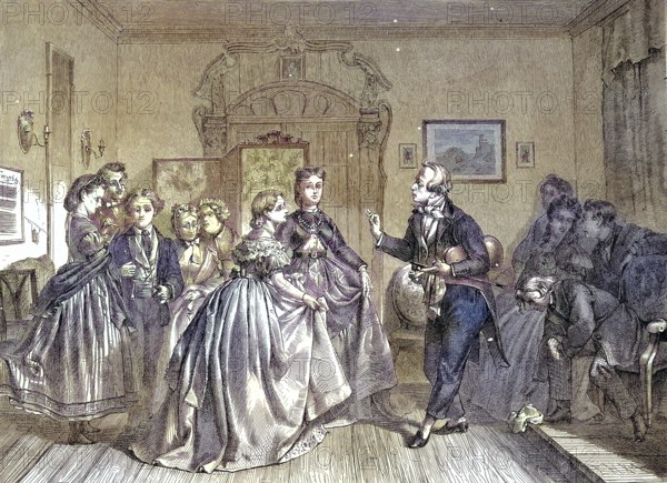 Dance lesson, the young people are taught ballroom dancing by a dance teacher/Dance lesson, the