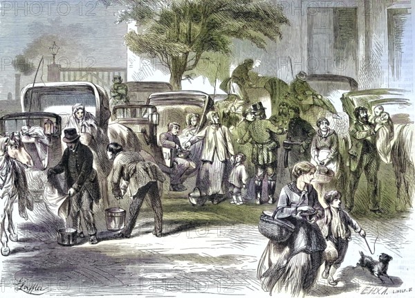 A parking lot for horse-drawn carriages, droshky or droschke, in Berlin, Germany/A car park for