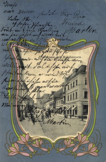 Historical postcard around 1900, Bautzen, Steinstraße and Reichenturm, Saxony, Germany, digital