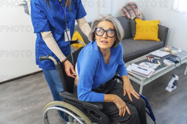 Healthcare professional assisting an elderly woman in a wheelchair, performing a check up with a