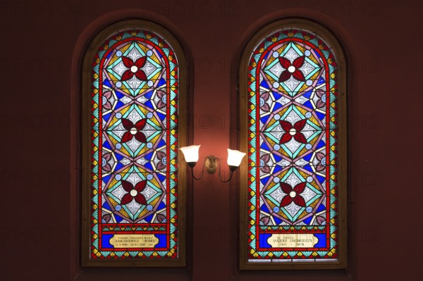 Colored stained glass window in the Isaac Temple Synagogue in Kazimierz district, Krakow, Poland