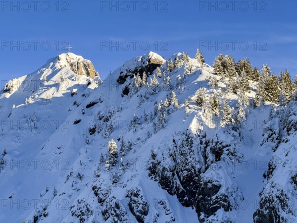 Snow-covered summit of Branderschrofen with summit cross, Tegelberg in winter, Schwangau, Allgäu