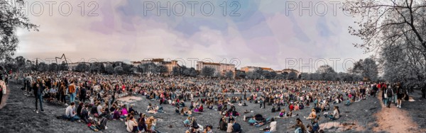 Surreal treatment of a crowd in the park showing an unusual color palette in an urban setting, May