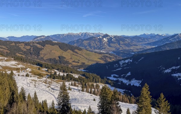 View of Kelchsau valley, mountain landscape, in the back Hohe Salve and Wilder Kaiser, Kitzbühel